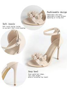 SOLE STORY Women's 3D Floral Rhinestone Decor Open Toe Ankle Strap Stiletto High Heels, Elegant Bridal Style, Nude Leather High Heel Sandals, Suitable For Wedding And Formal Events,Spring Summer Outfits - Apricot - View 6