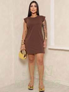 Women's CASUAL PLAIN Dress, Muscle Sleeves, 100% Cotton, Foreign Fashion - 鏽棕色 - 查看 3
