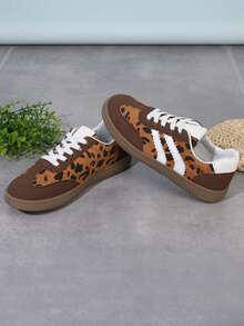 1 Pair Women's New Colorblock Leopard Print Lace-Up Casual Sneakers, Fashion Versatile Comfortable Flat Shoes, Suitable For All Seasons - Brown - View 5