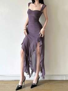 YeonC性感露背紧身连衣裙，荷叶边下摆和开衩设计 - 紫色 - 查看 6