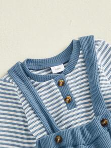 Conjuntos de 2 piezas para bebés varones, mono de rayas con cuello redondo y manga larga, pantalones con tirantes - Azul - Ver 4