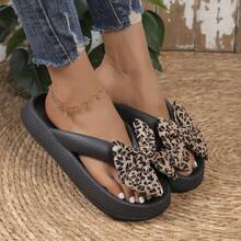 Leopard Print Bow Flip-Flops, Women's Slippers, Thick-Soled Non-Slip Toe-Post, Stylish & Versatile, New Summer Style For Seaside, Beach & Home Use - màu đen - Xem 4