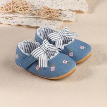 1 par de zapatos de princesa con diseño plano, lazo de tela y cierre de gancho y bucle, adecuados para primavera y otoño - Celeste - Ver 9