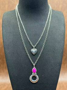 1 Set Vintage Bohemian Style Turquoise Pendant Necklace, Turquoise Earrings, 2-Layer Necklace Can Be Matched Freely, Versatile, Suitable For Casual Wear, All Seasons Jewelry, Suitable For Women And Girls To Match Daily Outfits, Party Accessories, Jewelry, Gift For Family/Friends/Yourself - Bohemian Style - View 5