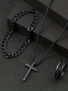 3 件套男士不锈钢项链、手链和戒指套装，朋克风格链 - 彩色 - 查看 3