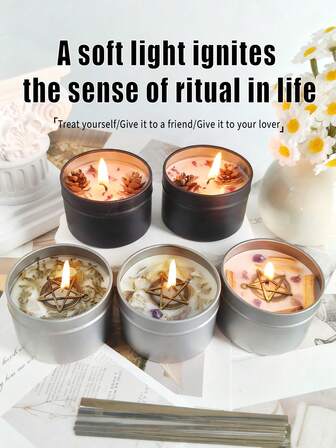 5-pack doftljus, Palo Santo, Lavendel, Salvia, Tall, Sandelträ, Grandofter, Svarta & Silver Konservburkar, Pentagram, Kristalldekor, Unik present, Kök, Vardagsrumsinredning, Sömnmedel, Stresslindring, Premium Sojavax, Lämplig för sociala sammankomster och evenemang, Doftljus