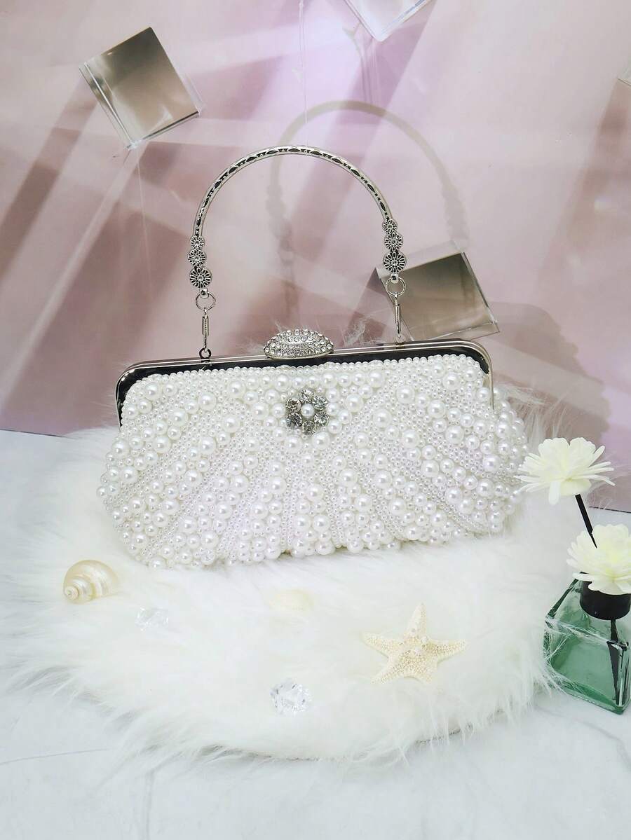 White Color Women Pearl Clutch Bag, Beaded Evening Bag, Wedding Clutch With Handle Suitable For Parties, Weddings, Formal Events, Prom Dresses, Bridesmaids Dresses, Perfect For Party Wedding Prom Dinner/Banquet, Matching With Holiday Party Dress Evening Dress & Sequin Dress Banquet Bag Bridal Wallet Party Pearl Handbag, It Is An Ideal Gift For Women - White - View 1