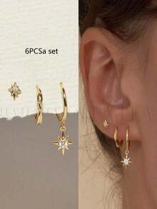 3件/6件套莫比乌斯旋转扭曲耳环星爆耳钉吊坠套装铜合金镶嵌立方氧化锆中东热销适合青少年和女孩日常送礼、摄影、佩戴饰品耳骨饰品 - 均碼 - 查看 9