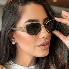 Everyday Elegant And Chic Oval Metal Fashion Women's Glasses - French Retro Style With Gold Accents, Fashionable Small Frame, Decorative AC Lenses, Perfect For Streetwear And Fashion Outfits - 金色框架黑灰色片. - 查看 4