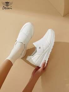 DESAI Women's Fashion Breathable Casual Sneakers, Letter Print Slip-On Low-Top Shoes, Platform Wedge Outdoor Shoes, Criss-Cross Strap Design, Daily Wear White & Black Niche Style - White - View 9