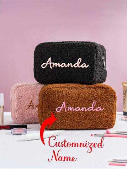 Customizable Personalized Cube-Shaped Cosmetic Bag/Toiletry Organizer/Travel Organizer/Large Capacity Zippered Square Plush Cosmetic Bag. Customize With Your Name, This Luxurious Cube-Shaped Teddy Bear Plush Cosmetic Bag Securely Organizes Your Essential Beauty And Skincare Products. Portable And Easy To Carry,