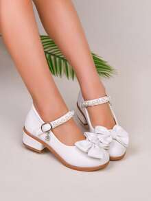 女童仿珍珠公主鞋，白色蝴蝶结中帮高跟鞋，适合派对、度假、晚礼服 - 白色 - 查看 7