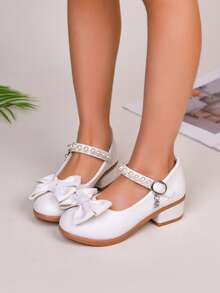 女童仿珍珠公主鞋，白色蝴蝶结中帮高跟鞋，适合派对、度假、晚礼服 - 白色 - 查看 4