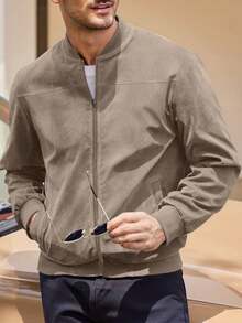 男士春秋季麂皮绒轻薄外套，舒适柔软休闲外套，复古立领拉链棒球夹克，宽松简约百搭短款上衣 [尺码偏大，建议选购小一码]