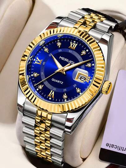 1pc Men's Fashion Korean Style Rhinestone Calendar Quartz Watch With Stainless Steel Band, Casual Business Couple Watch