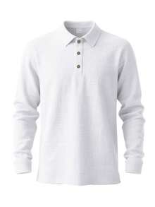 Men's White Linen Polo Long Sleeve Shirt, Half-Placket Button Design, Suitable For Beach Vacation, Back To School, 4th Of July Gathering & Tropical Travel, Lightweight And Soft Fabric, Suitable For Spring/Summer Wear Or Layering In Autumn/Winter