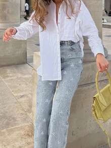 Happy Girl Summer Women's Casual Fashion Minimalist Music Festival Casual Cute Elegant Denim Daisy Embroidered Ladies Jeans Pants - Blue - View 9