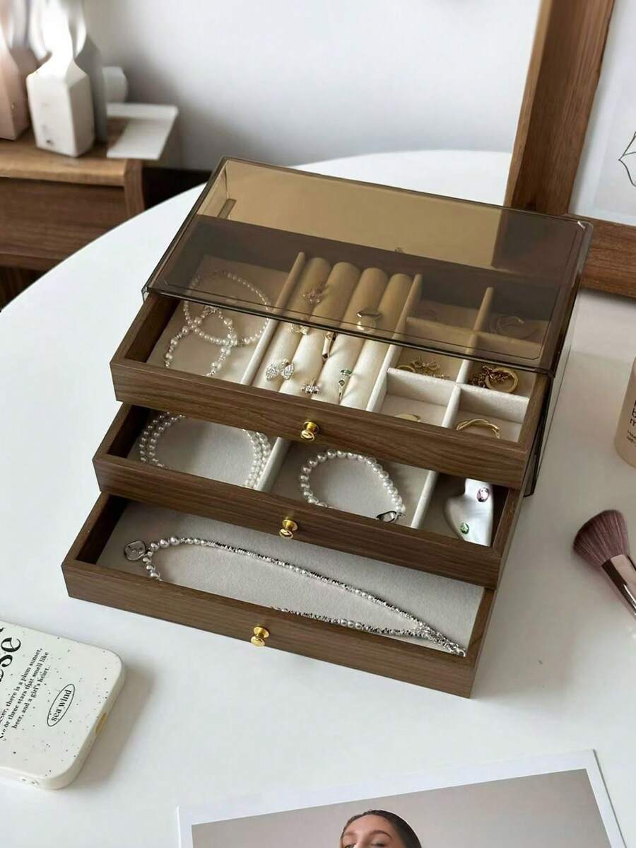 1个优质大容量木质首饰收纳盒，优雅胡桃木纹耳环项链整理盒，多功能多层抽屉式首饰盒，梳妆台上首饰柜 - 咖啡棕 - 查看 1