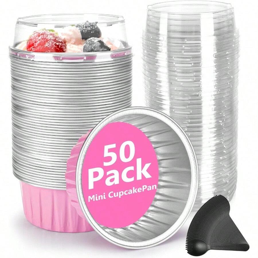 Disposable Ramekins 50 Packs With Lids And SpoonsMini Cake Pans Round Aluminum Foil Cupcake Baking Cups Muffin Cups Tins Disposable Cakecup Wrappers Cheesecake Creme Brulee-5 Oz Pink. - PinkRound - Xem 1