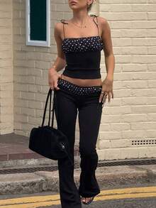 Damen Patchwork Polka Dot Träger Top und Schnürung Weite Hose Zwei-Teiler Set Lässig Streetwear Club Urlaub Kleidung Sommer - dunkelschwarz - Übersicht 2
