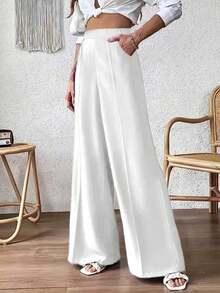 大码女式纯色针织面料口袋阔腿裤，秋冬款 - 白色 - 查看 6