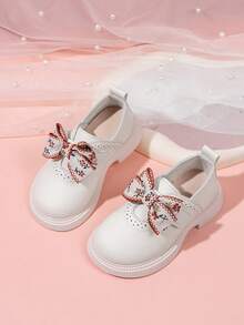 2024 Primavera/Outono Novos Sapatos de Couro com Bottom Macio e Decoração de Laço para Crianças, Sapatilhas Fashionistas para Meninas - Bege - Visão 2