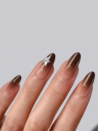 24片长杏仁形美甲贴片，简约渐变色，棕色，五角星，水钻图案，附赠1片凝胶指甲和1个指甲锉，适合女士美甲装饰，杏仁形美甲贴片，美甲贴片