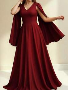 大码女士红色优雅长袖连衣裙，拉链闭合，适合晚宴、派对、鸡尾酒会、新年等场合。