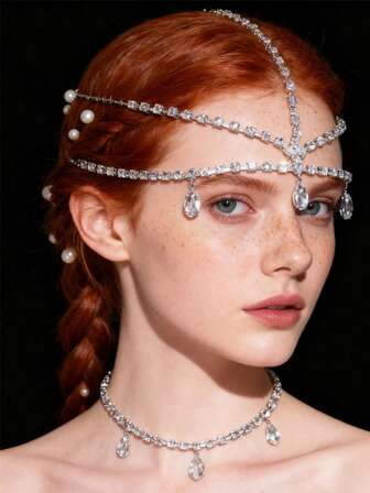 Bohemisk lyxig flerskiktad kristall vattendroppe hänge huvudkedja, brudklänning bröllopsfest smycken accessoarer för kvinnor