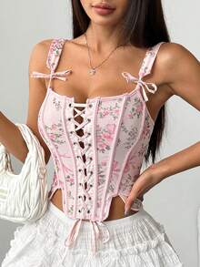 Indie Floral Print Criss-Cross Lace-Up Bowknot Corset Crop Top - Pink - View 3