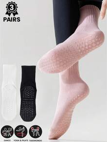 3 Pairs Women's Non-Slip Yoga Socks, Suitable For All Seasons, With Grip Silicone Soles, Ideal For Ballet, Dance, Pilates, Gym - Multicolor - View 1