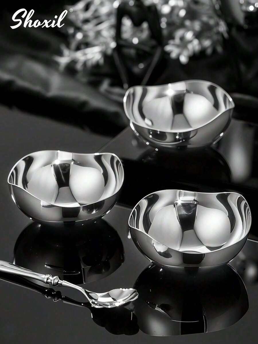 shoxil 1/2/3件装304不锈钢美观花瓣形甜点碗——多功能零食碗、甜点杯、燕麦碗、沙拉碗、早餐碗、托盘和水果盘，易于清洁，是学生返校的完美礼物，也适用于客厅、卧室、办公室、露营、酒店、学校和日常使用。 - 碗 - 查看 1