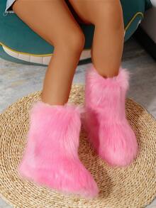 New Winter Warm Plush Faux Fur Snow Boots In Black And Brown,Pink, Ankle Length, With Soft Lining And Comfortable One Foot Design, Suitable For Outdoor And Indoor Wear In Cold Weather. Men's And Women's Couple Snow Boots For Christmas And Halloween Fashion, Outdoor Warm Boots Faux Fur Long Hair Mop Boots, Classic And Versatile Snow Boots For Learning From Each Other - 粉色 - 查看 1