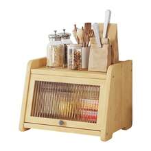 1 caja de pan de bambú acrílico con tapa - Organizador de almacenamiento de cocina a prueba de polvo para snacks, especias y cosméticos, organizador compacto para encimera o cama, diseño para alimentos, organizadores y almacenamiento de cocina, organizador de dormitorio, acabado natural, textura de madera - Color de la madera - Ver 1