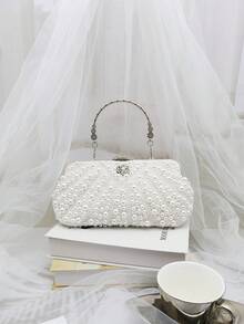 White Color Women Pearl Clutch Bag, Beaded Evening Bag, Wedding Clutch With Handle Suitable For Parties, Weddings, Formal Events, Prom Dresses, Bridesmaids Dresses, Perfect For Party Wedding Prom Dinner/Banquet, Matching With Holiday Party Dress Evening Dress & Sequin Dress Banquet Bag Bridal Wallet Party Pearl Handbag, It Is An Ideal Gift For Women - White - View 5