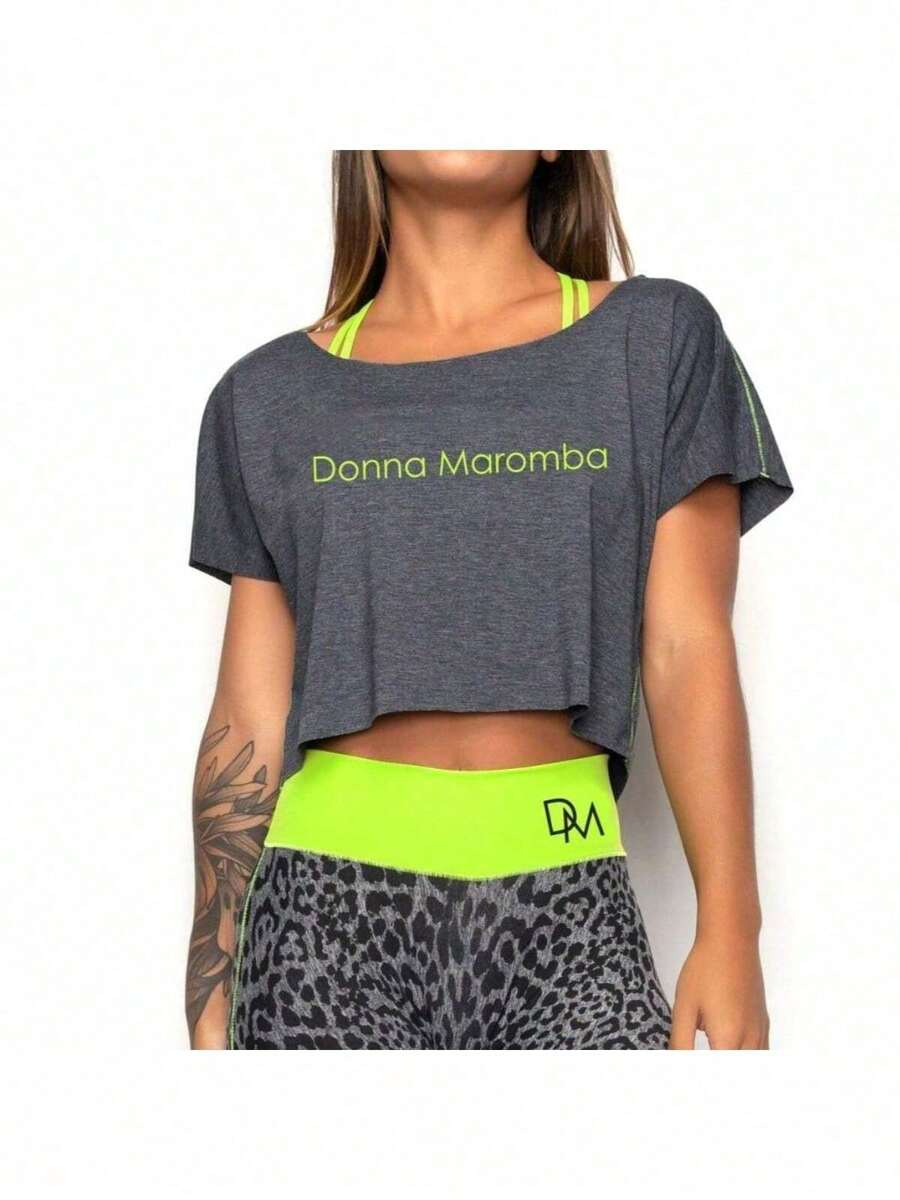 Blusa para Academia Fitness Camiseta Cropped Feminino para Malhar Musculação Fresquinha Leve - Preto com Rosa neon - Visão 1