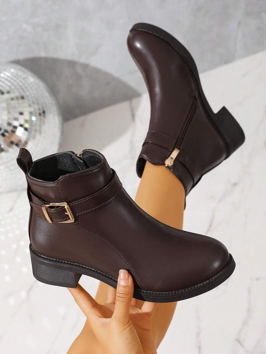 Damskie botki w dużych rozmiarach na jesień/zimę, ze skóry teksturowanej, z metalową klamrą, minimalistyczny design dla eleganckiego wyglądu, zamek błyskawiczny z boku dla łatwego zakładania/zdejmowania, wygodny gruby obcas, ciepła podszewka, klasyczne, ponadczasowe kolory, uniwersalne, do pracy, na wyjścia, eleganckie i klasyczne botki do kostki w stylu brytyjskim
