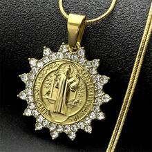Catholic Saint Benedict Rhinestones Medal Stainless Steel Pendant Necklace For Women Men Gold Color Chain Jewelry San Benito - Necklace - View 2