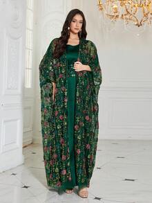 UNITHORSE Women's Round Neck Batwing Sleeve Sequin Contrast Mesh Embroidered Belt 2 Pieces Turkish Robe - Dark Green - View 3