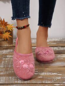 1 Pair Handmade Beaded Floral Retro Round Toe Slippers For Women, Comfortable Lightweight Indoor Slippers, Available In Black, Pink, And Multiple Colors, Plus Size - Watermelon Pink - View 6