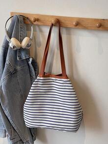 2025秋冬新款韩版大容量托特包，条纹简约通勤单肩包 - 米色 - 查看 1