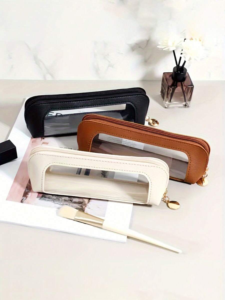 Transparent Cosmetic Bag, Travel Makeup Bag, Faux Leather Makeup And Brush Organizer Pouch With Clear Window And Zipper, Convenient For Carrying, Suitable For Fitness And Business Travel, Can Hold Lipstick And Other Items, Not Waterproof, Suitable For Students And Daily Use, Can Be Given As A Gift To Friends, Girlfriends, Teachers Or Valentine's Day Gifts. - Multicolor - View 1