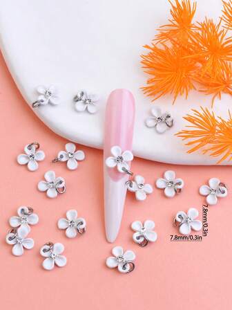 10件套简约百搭合金3D立体白色花朵美甲装饰品，美容配件，DIY装饰，专业美甲沙龙适用，也可用于居家DIY美甲装饰