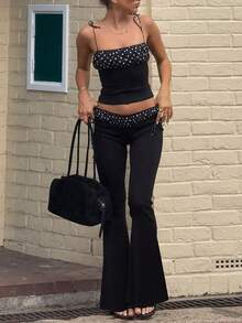 Damen Patchwork Polka Dot Träger Top und Schnürung Weite Hose Zwei-Teiler Set Lässig Streetwear Club Urlaub Kleidung Sommer - dunkelschwarz - Übersicht 1