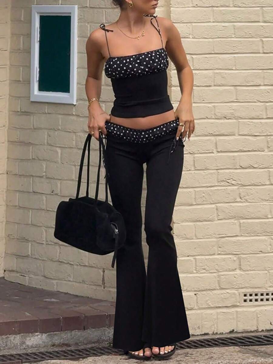Damen Patchwork Polka Dot Träger Top und Schnürung Weite Hose Zwei-Teiler Set Lässig Streetwear Club Urlaub Kleidung Sommer - dunkelschwarz - Übersicht 1
