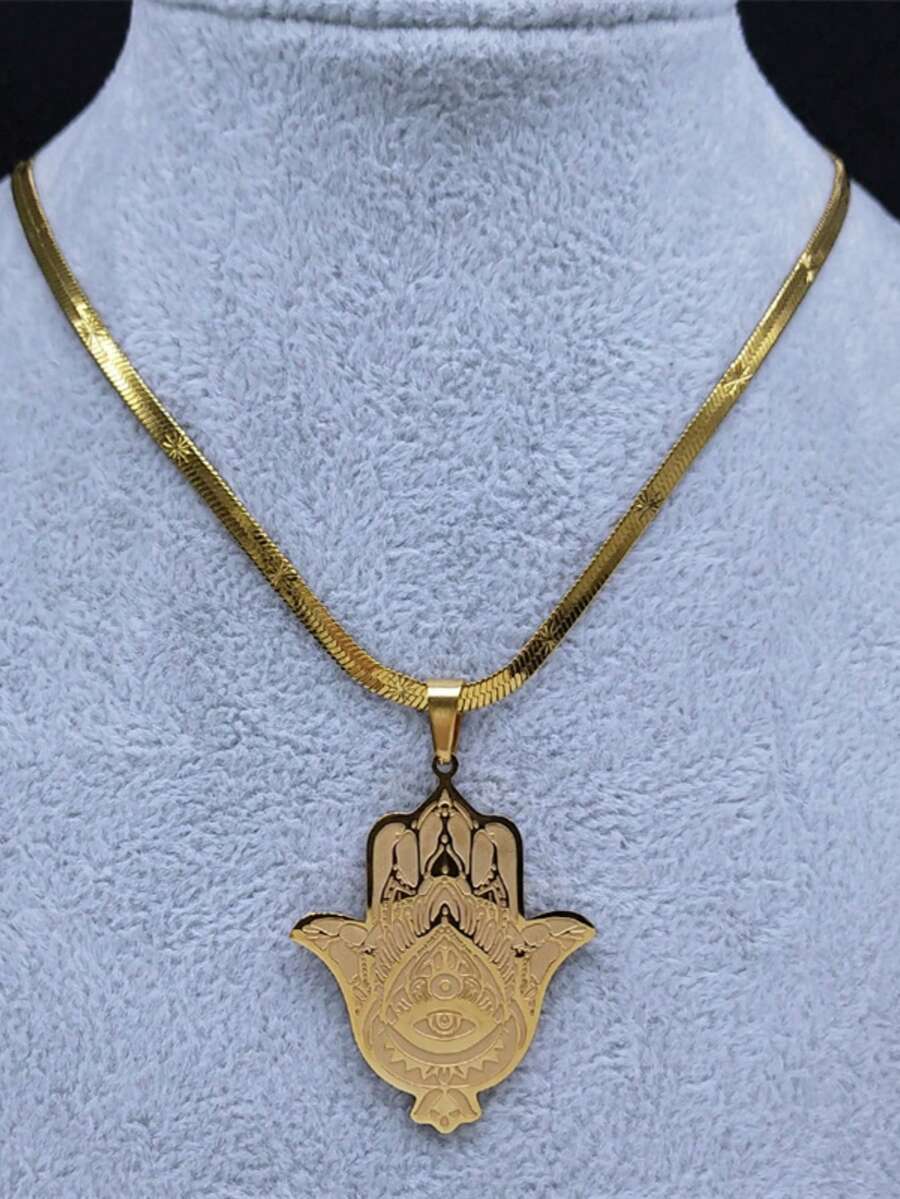 Hamsa Fatima's Hand Turkish Eye Lotus Stainless Steel Necklace For Women Men Gold Color Egypt Amulet Islam Chain Arabic Jewelry - Necklace - View 1