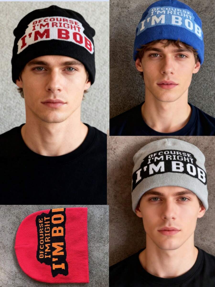 1pc These Men's Knit Beanies With "OF COURSE I'M RIGHT I'M BOB" Lettering Come In Multiple Colors, Offering A And Warm Design, Making Them Ideal Fashion-Forward Winter Headwear - Multicolor - View 1