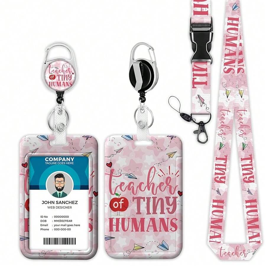 Teacher Of Tiny Humans Lanyards For ID Badges, Pink Cute Star ID Badge Holder With Lanyard Retractable Badge Holder/Reel Lanyard, Teacher Student Office Gifts,TeacherofTinyHumans - 小小人類的老師 - 查看 1