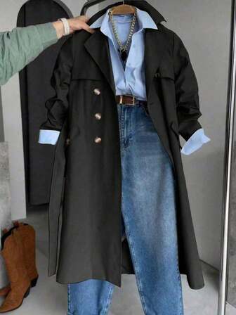 Women's Solid Color Long Sleeve Single-Breasted Casual Trench Coat, Suitable For Autumn/Winter Daily Wear