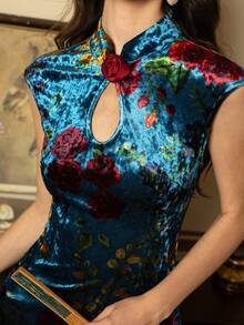 Faeriesty Elegant New Chinese-Style Women's Cheongsam Dress: Featuring Petite Mandarin Collar, Cap Sleeves & Stylish Side Slits For Galas, Weddings, High-End Business Galas, Charity Balls, And Formal Receptions - Blue - View 5